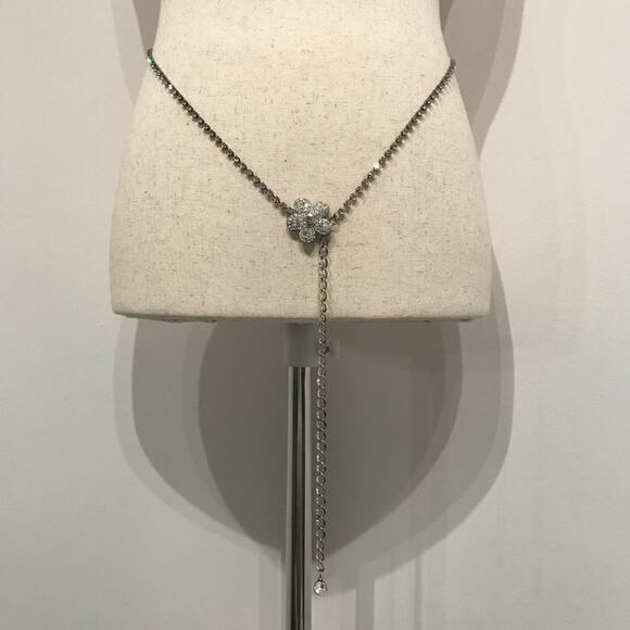 VTG Silver Rhinestone Belt Sash Chain Pave Flower Buckle Metal 60s 70s Formal